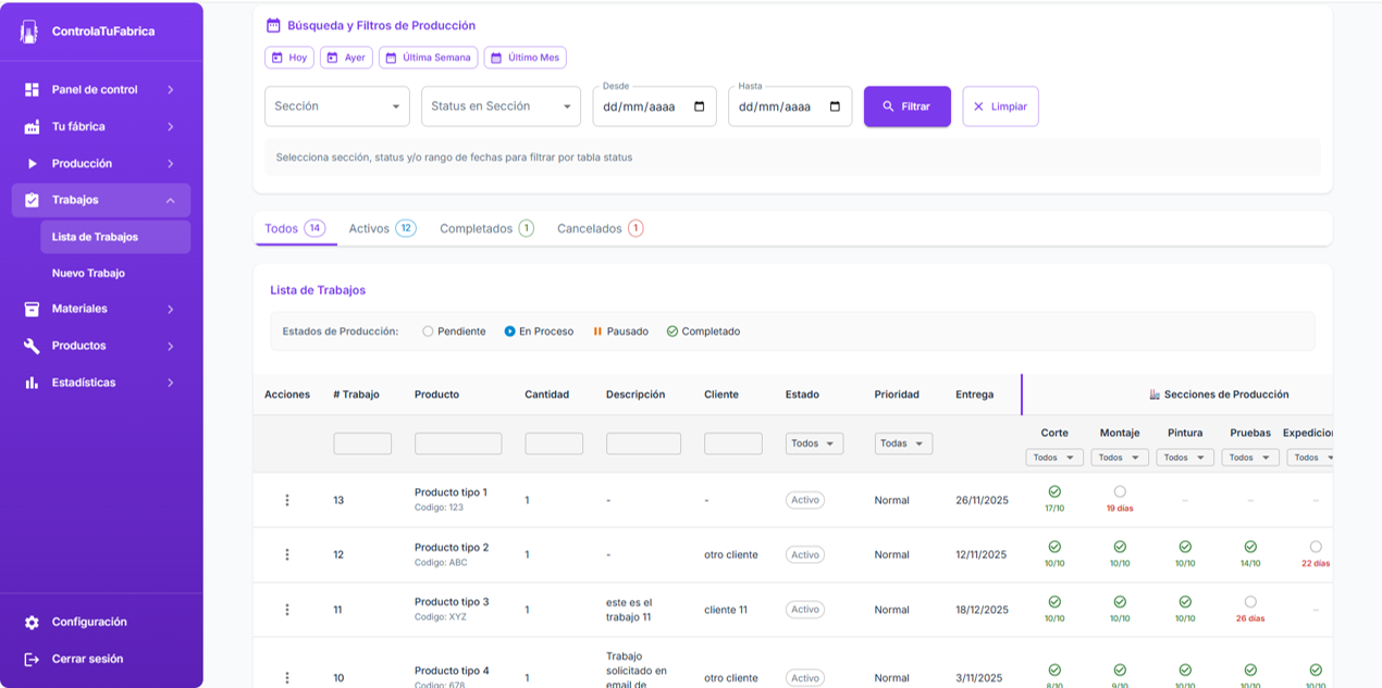 Gestión completa de trabajos con filtros avanzados, estados y seguimiento de pedidos